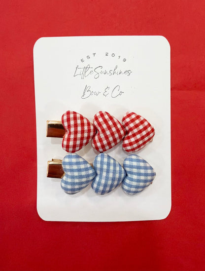 4th of July Plaid Hearts Hair Clips