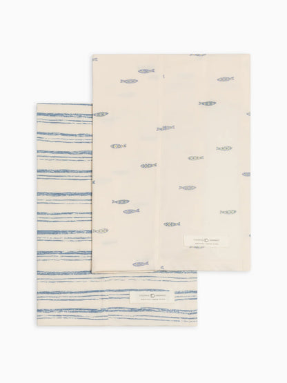 Wave Stripe + Fish | Organic Muslin 2-Pack Burp Cloth Set
