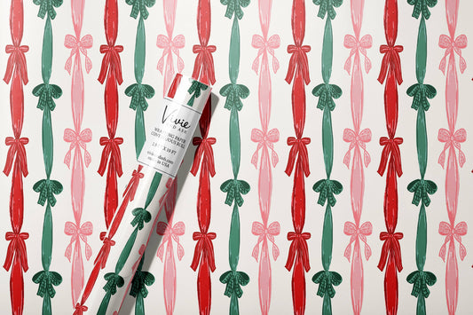 Red and Green Christmas Stripe Bows Wrapping Paper Roll