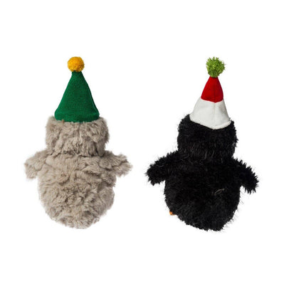 Two plush toys, one gray and one black, wearing festive hats on a white background.