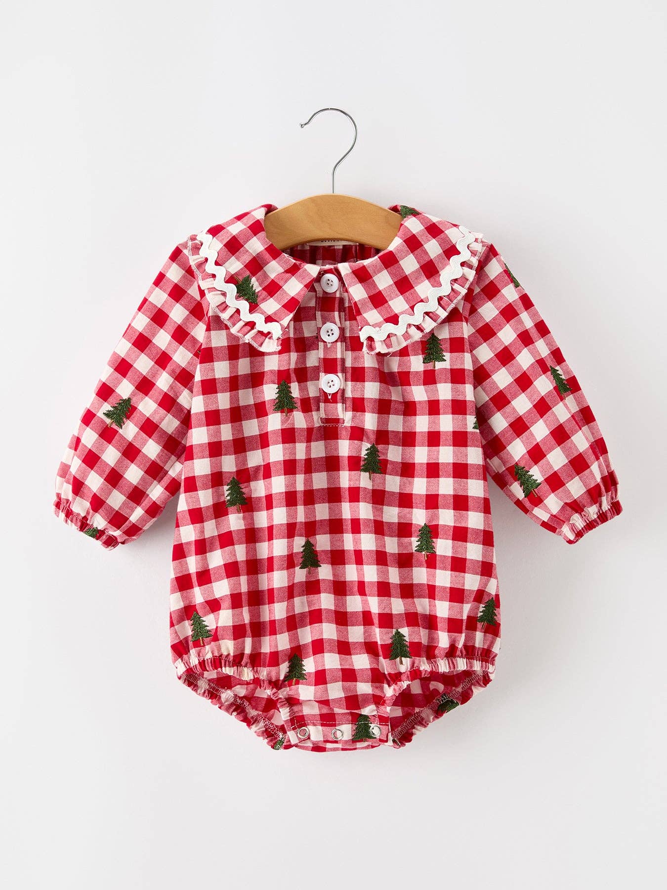 Christmas Tree Embroidered Red Plaid Ruffle Collar Romper