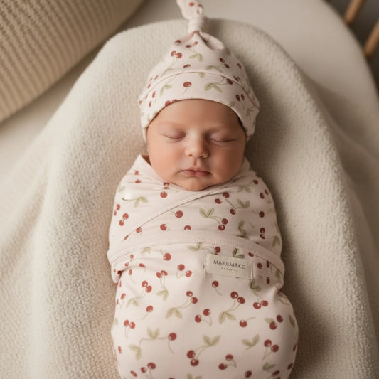 Organic Swaddle Blanket & Hat Set - Cherry