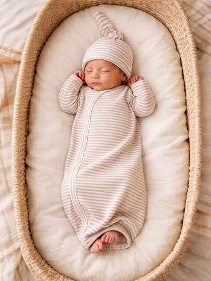 Baby wrapped in the tan stripe ribbed knotted gown in a bassinet