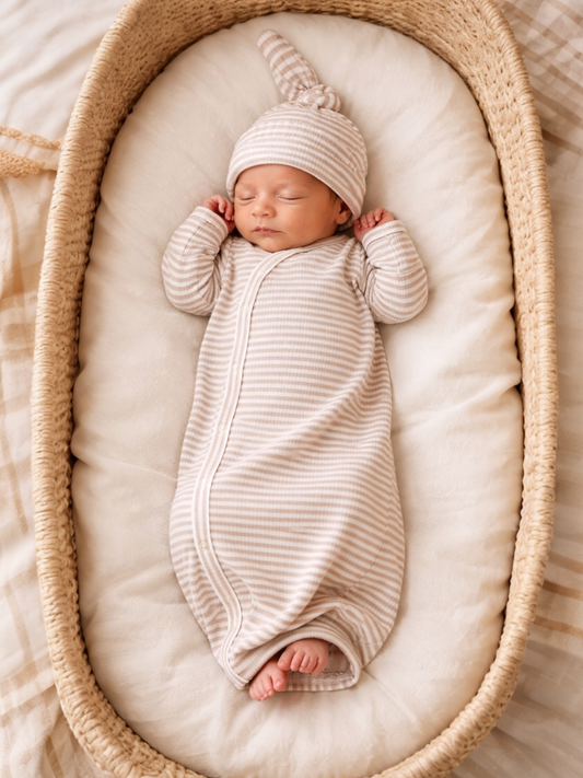Baby wrapped in the tan stripe ribbed knotted gown in a bassinet