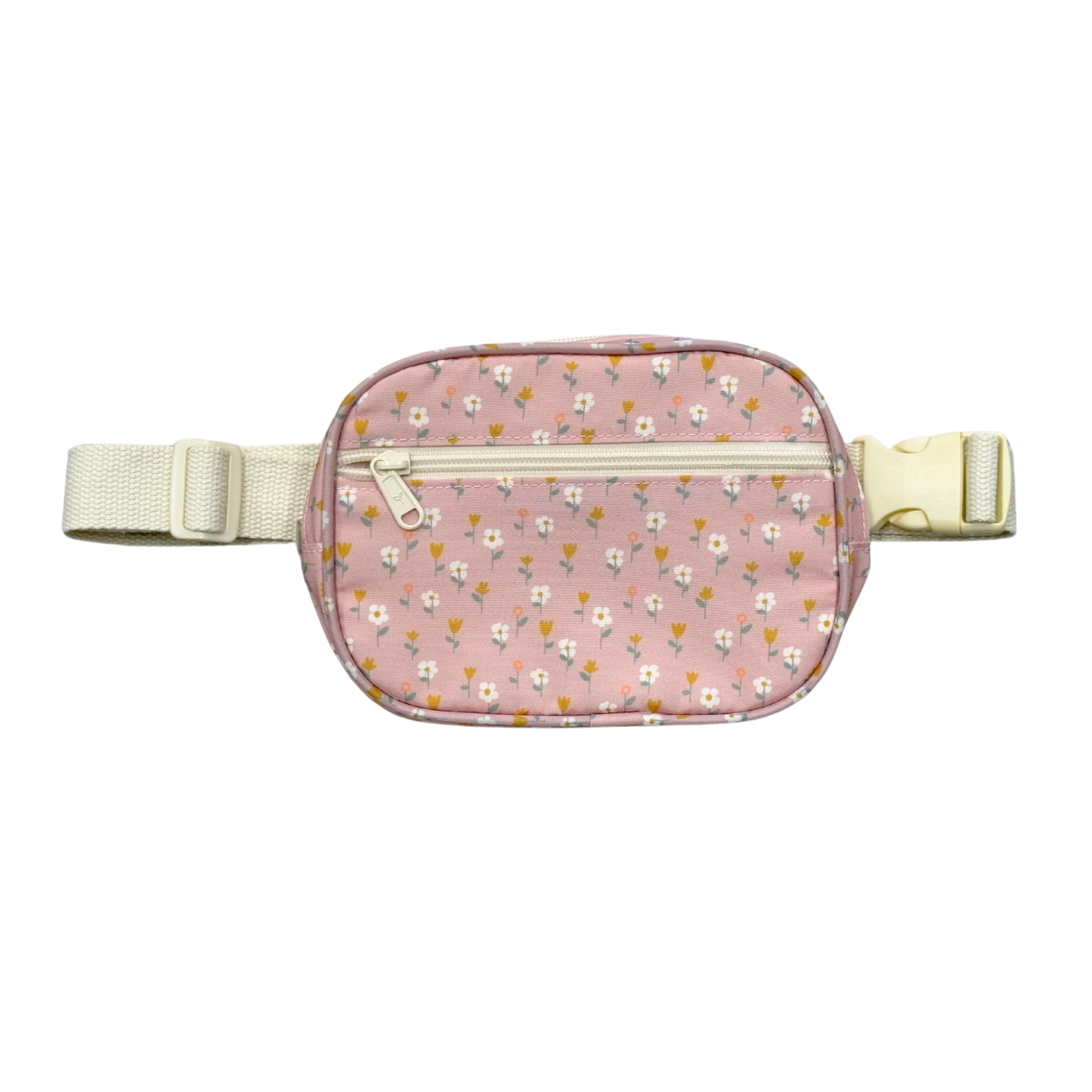 Pink floral-patterned fanny pack with beige strap on a white background