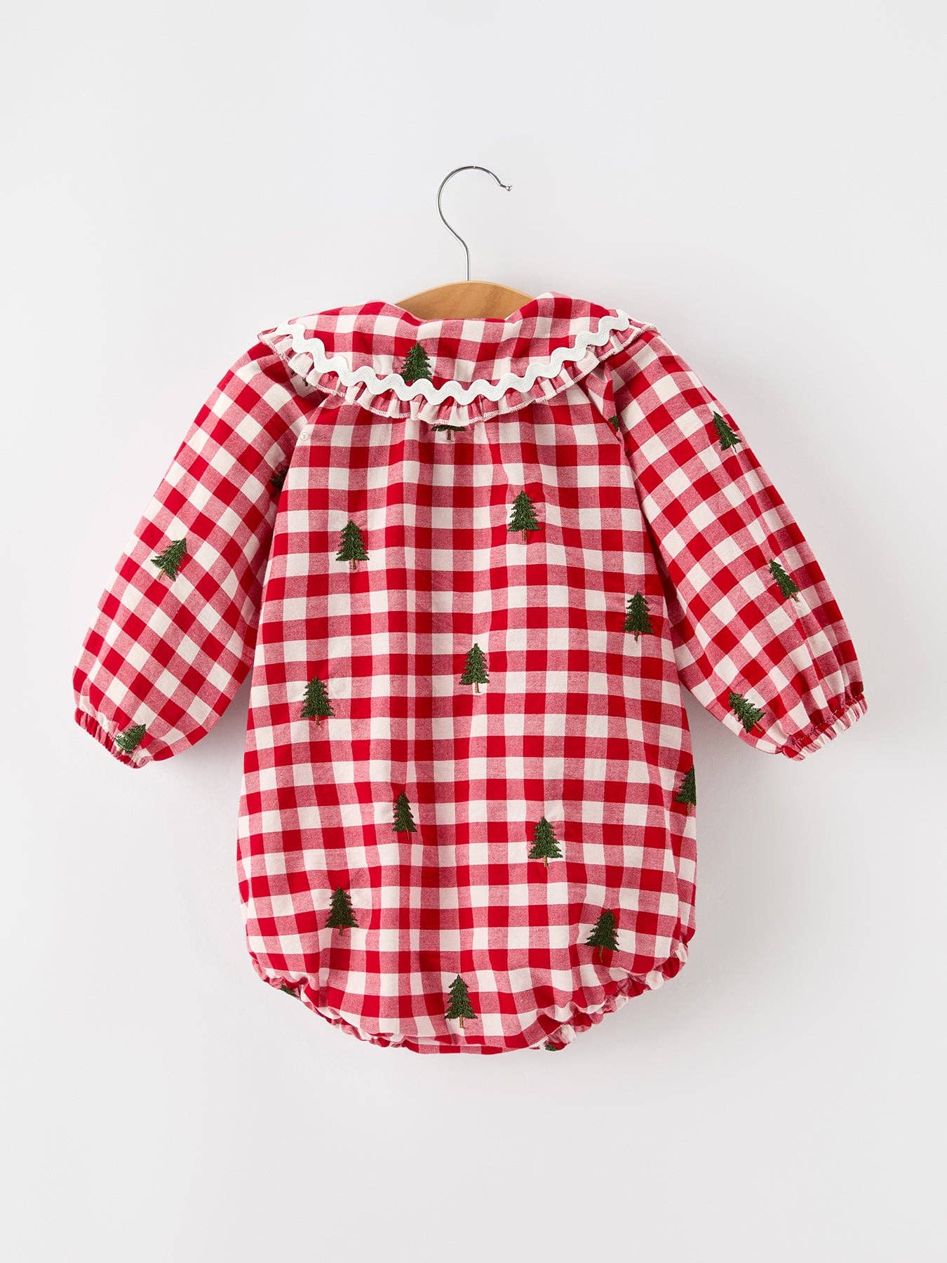 Christmas Tree Embroidered Red Plaid Ruffle Collar Romper