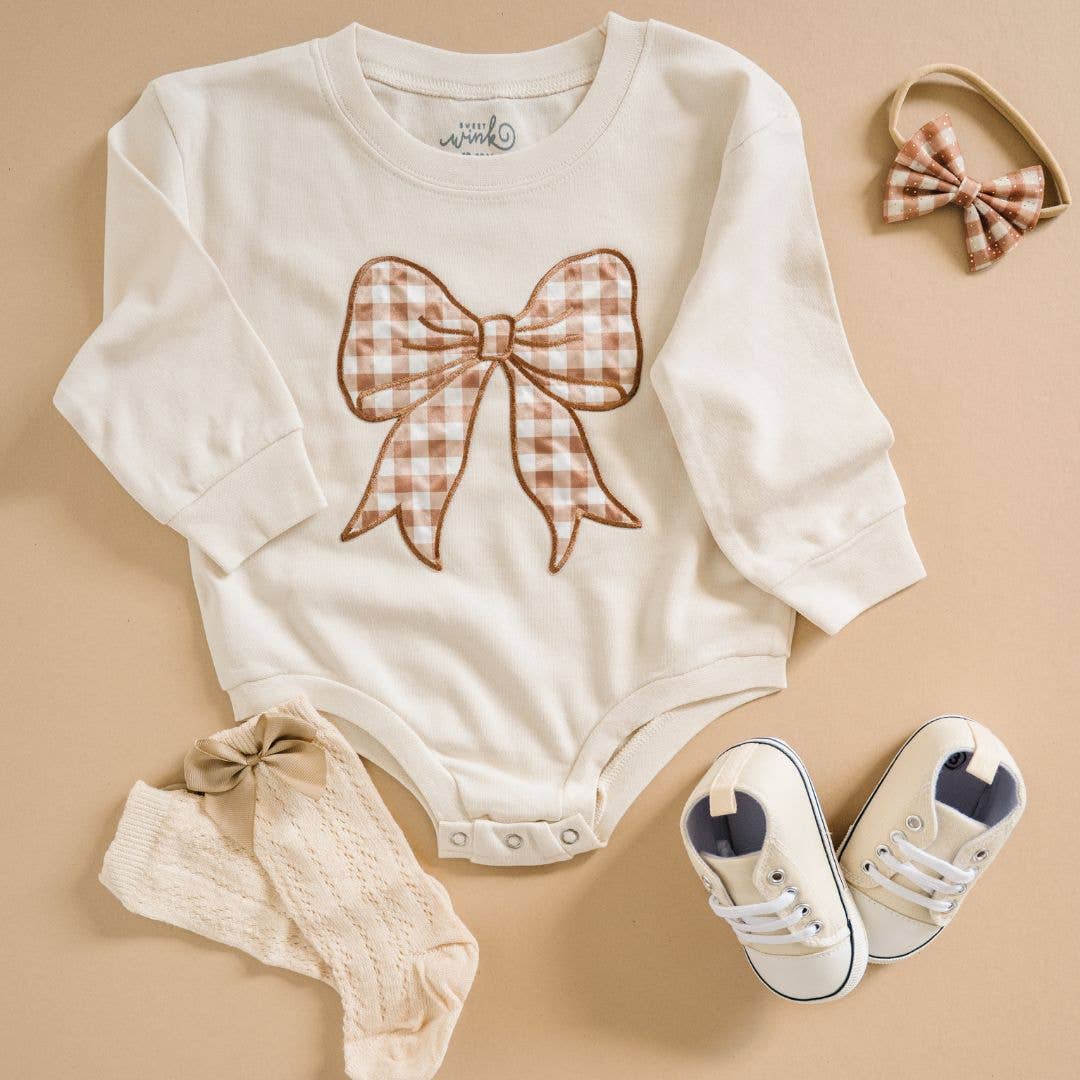 Gingham Bow Patch Long Sleeve Romper