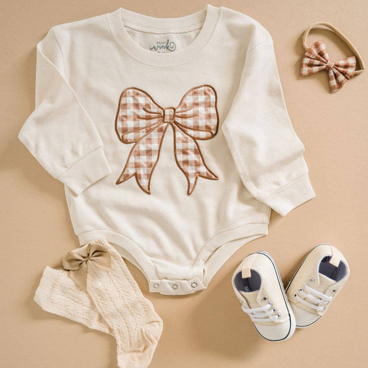 Gingham Bow Patch Long Sleeve Romper
