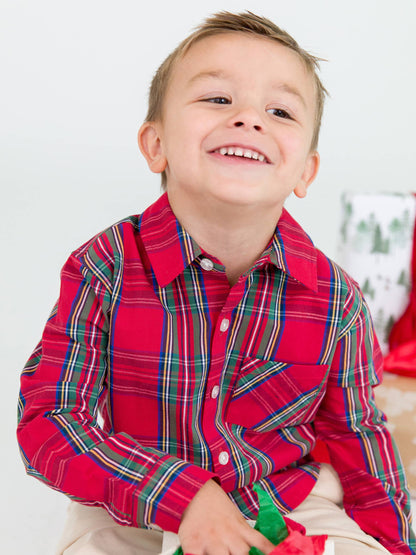 Boys Tis The Season Plaid Long Sleeve Button Down Shirt