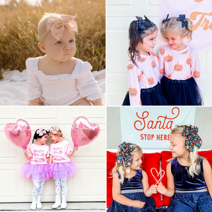 Collage of four photos featuring children in various outfits and settings.
