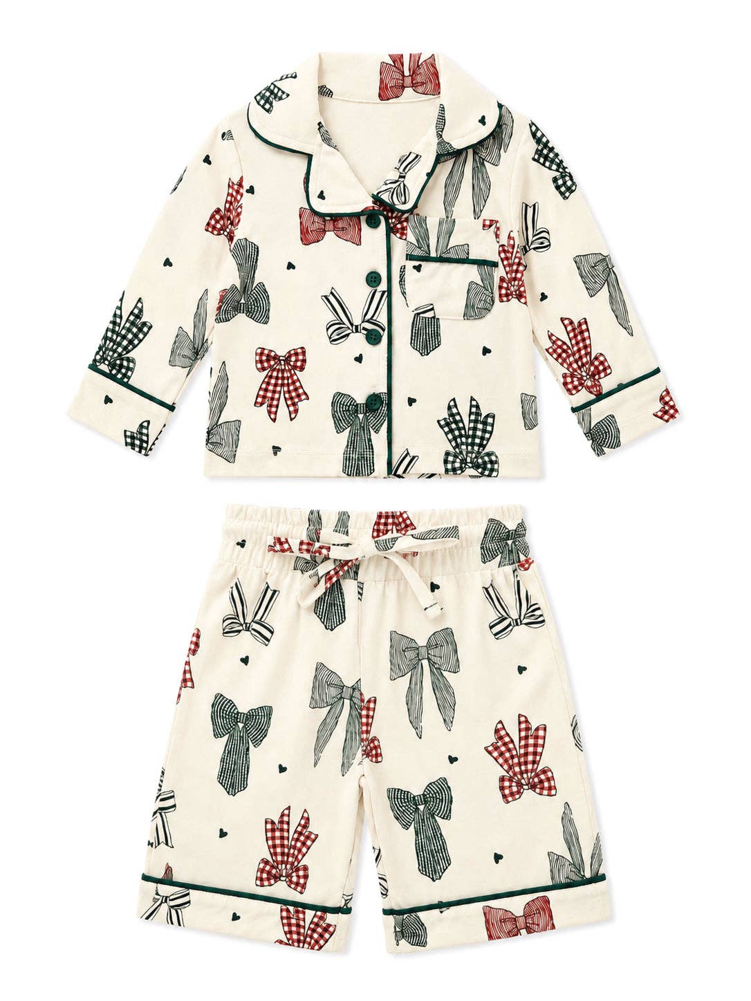 Flat lay of the SpearmintLOVE Country Christmas Bows lounge set with collared top and matching pants
