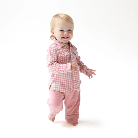 Rose Pink Plaid - Long Sleeve Western Pearl Snap Shirt