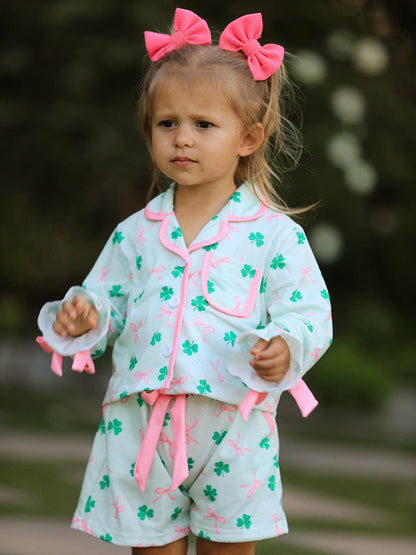 St. Patrick's Day Bow Shamrock Ruffles Pajama Set