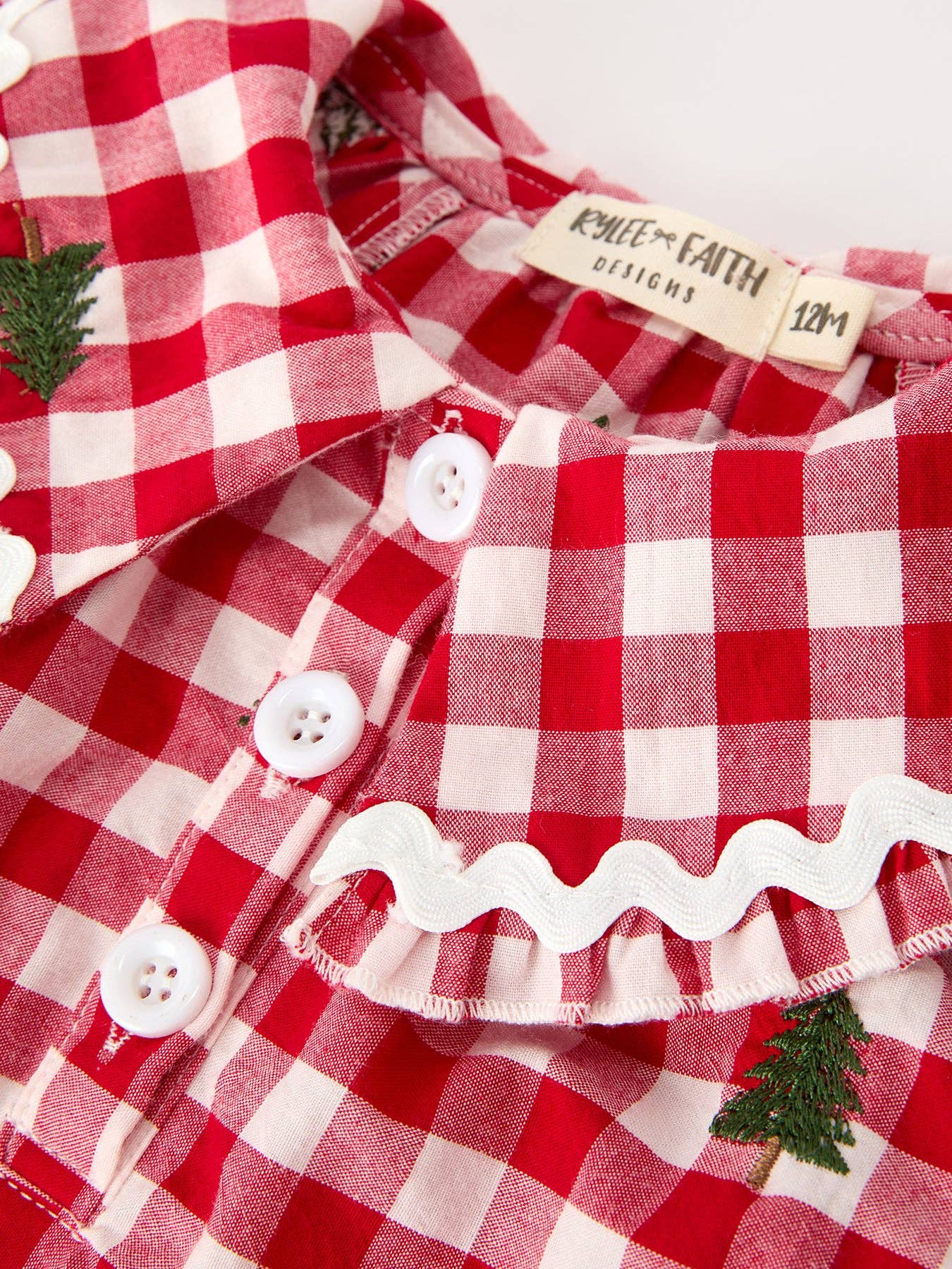 Christmas Tree Embroidered Red Plaid Ruffle Collar Romper
