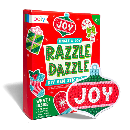 Jingle and Joy mini Razzle Dazzle gem sticker kit with the finished JOY ornament beside the box
