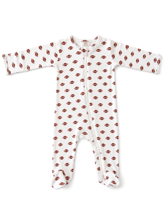 SIIX Collection football print organic pointelle 2-way zip footie, flat lay front view