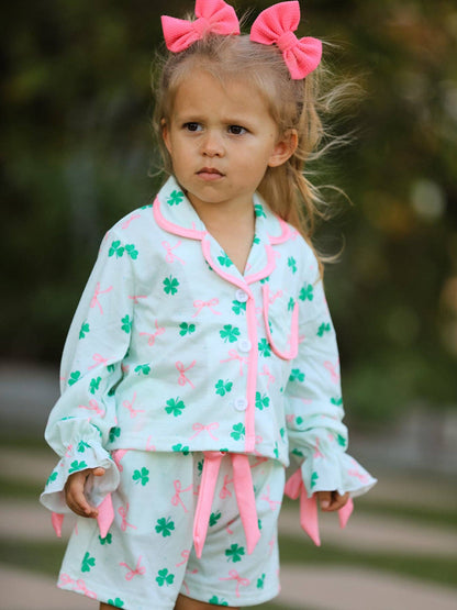 St. Patrick's Day Bow Shamrock Ruffles Pajama Set