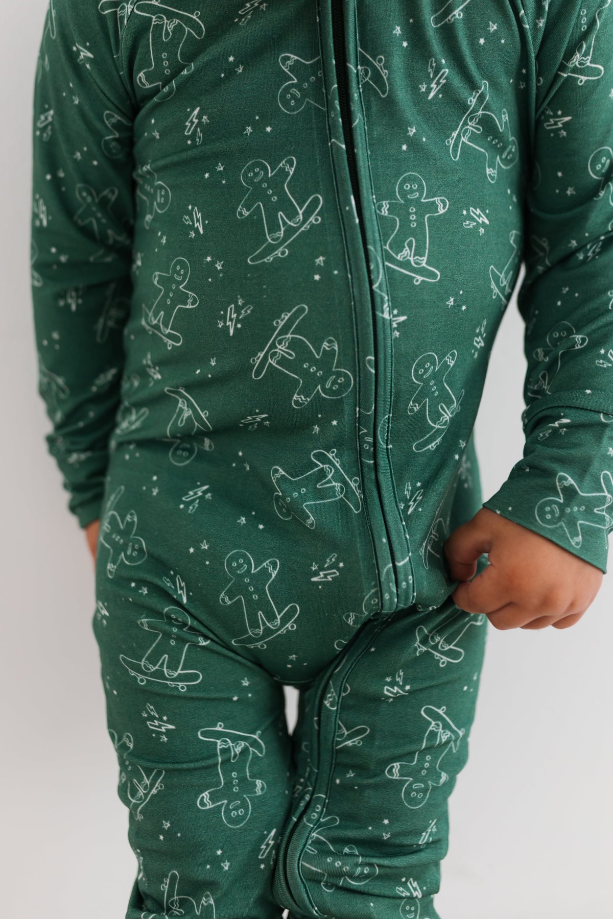 Skater Gingerbread Man army green bamboo zipper romper by In My Jammers - view 2