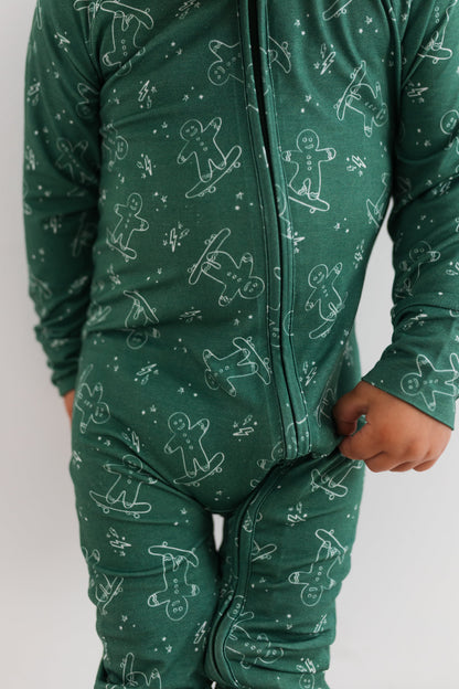 Skater Gingerbread Man army green bamboo zipper romper by In My Jammers - view 2