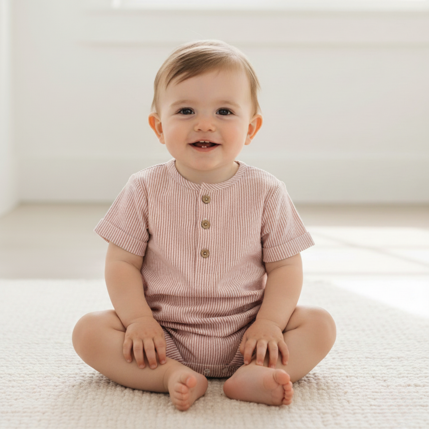 Organic Short Bubble Romper - Coral Stripes - view 2
