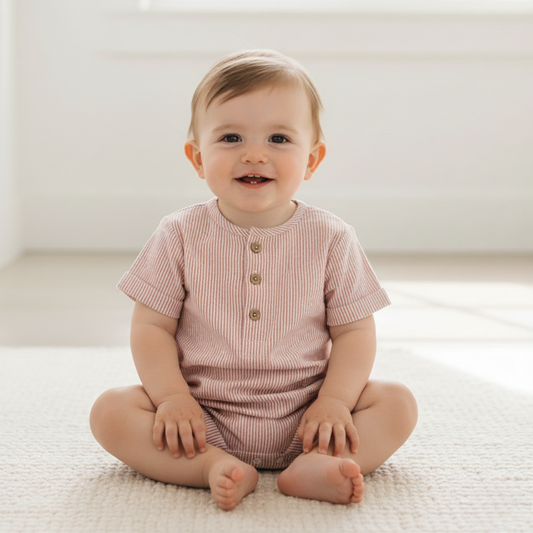 Organic Short Bubble Romper - Coral Stripes - view 2