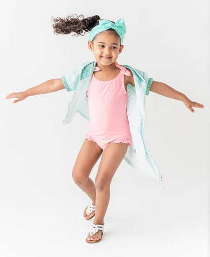 Pink Seersucker Tie Shoulder One Piece Swimsuit