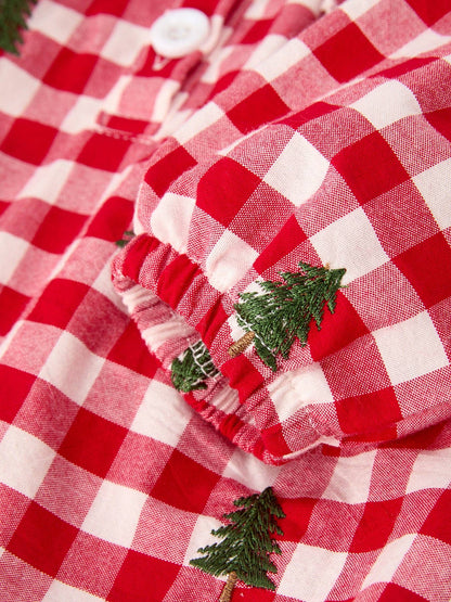 Christmas Tree Embroidered Red Plaid Ruffle Collar Romper