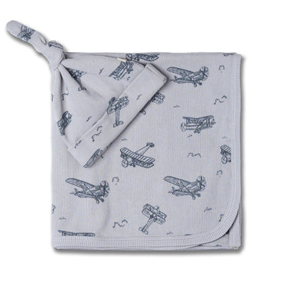Organic Swaddle Blanket & Hat Set - Airplanes
