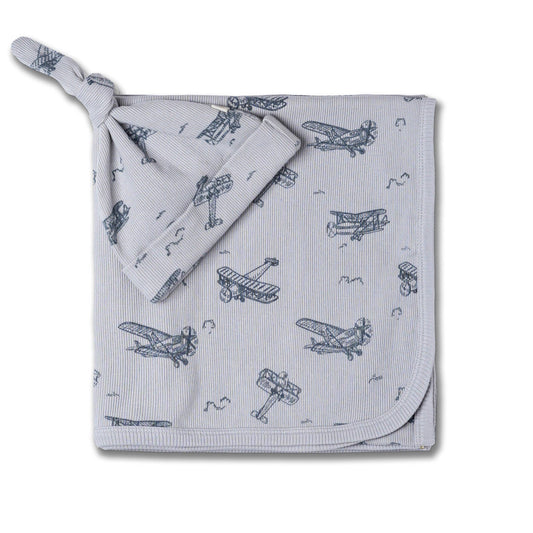 Organic Swaddle Blanket & Hat Set - Airplanes