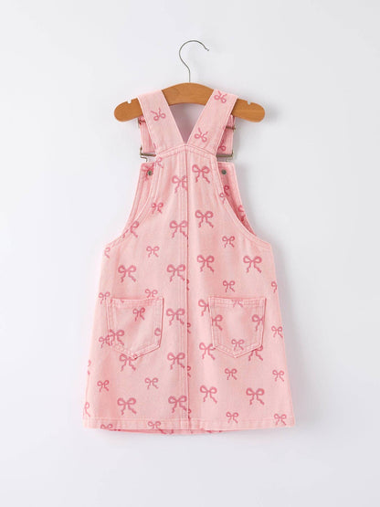 Pink Bow Denim Overall Dress
