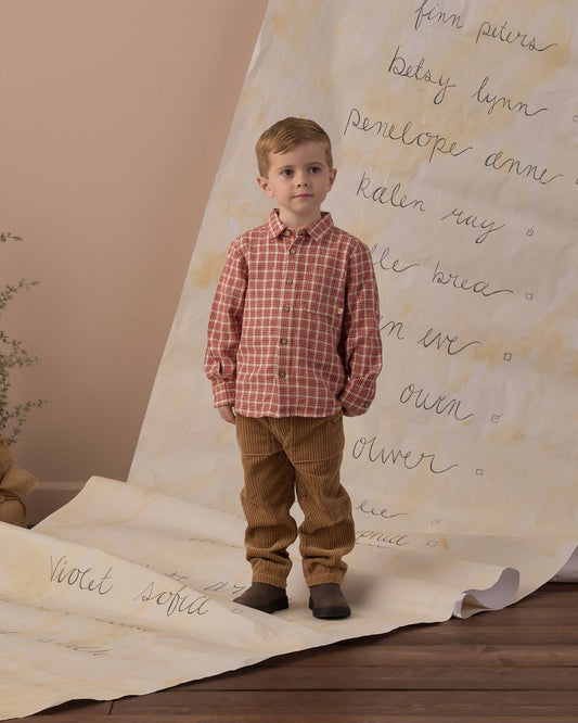 Rylee and Cru Collared Shirt in Vintage Plaid on model
