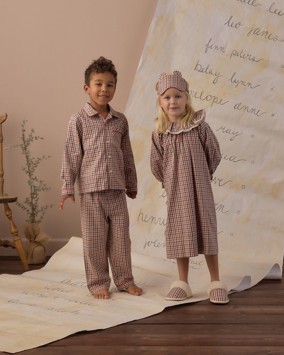 Rylee and Cru Long Sleeve Pajamas in Holiday Gingham on model