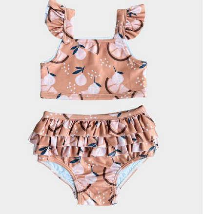 Girl's Two-Piece Ruffle Swim Set in Orange Slice