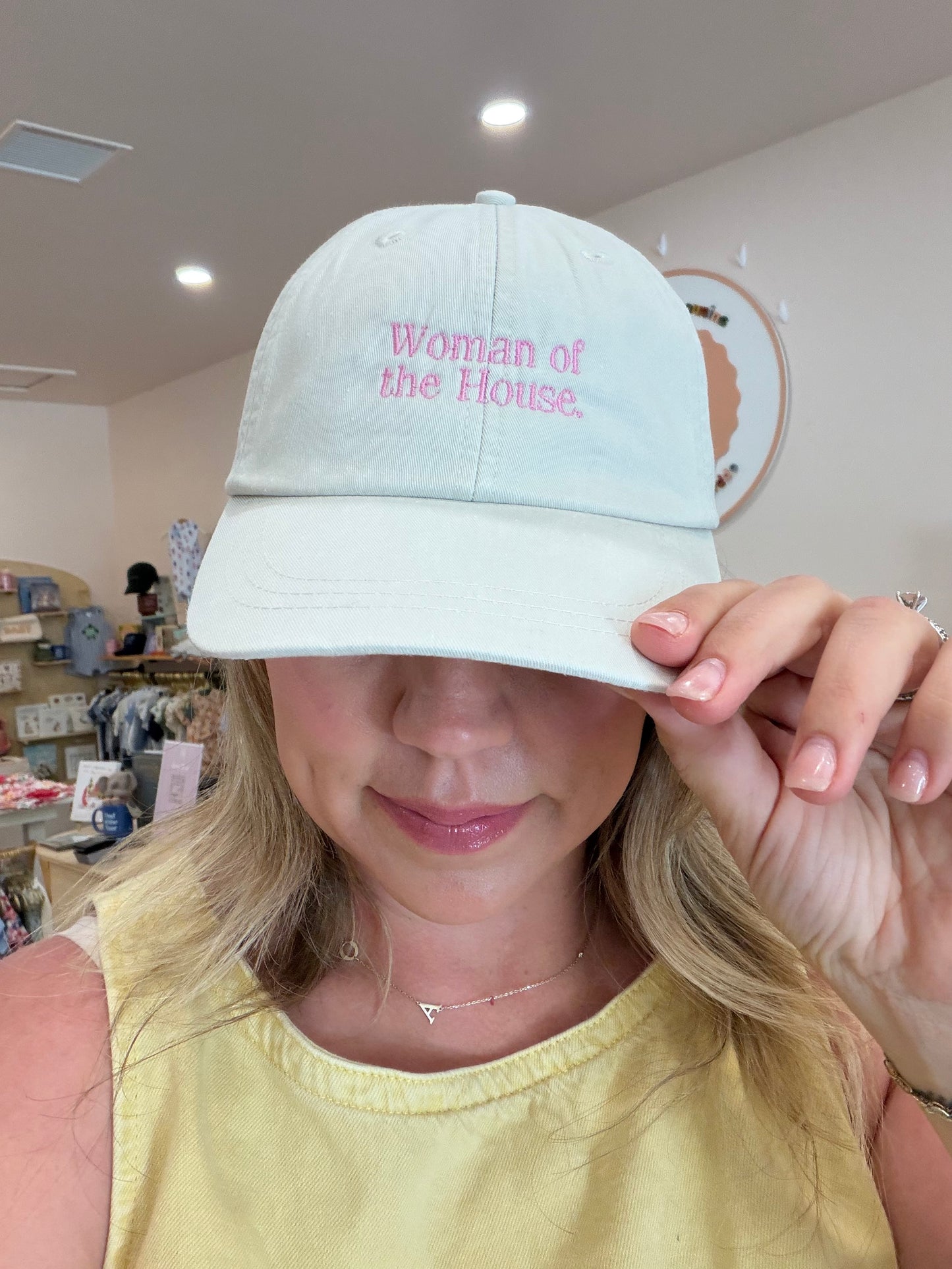 Woman of the House embroidered ivory and pink baseball hat for moms