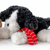 Black and white plush puppy on a white background, with curly fur wearing a red striped scarf.