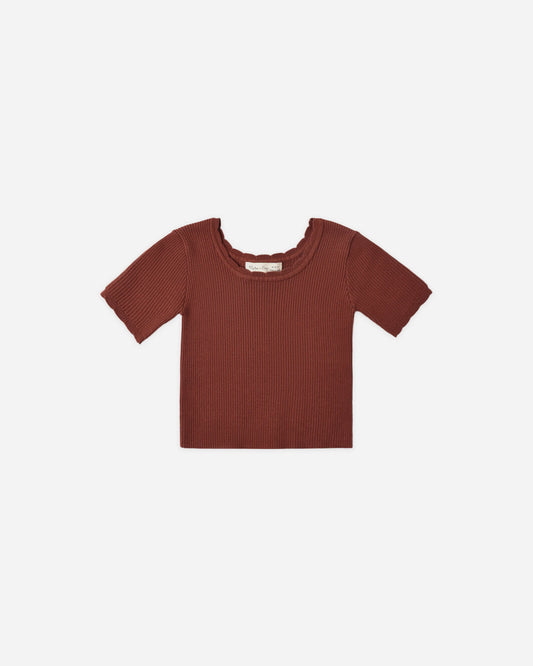 Rylee + Cru scallop tee in brick with a scalloped neckline, flat lay front view