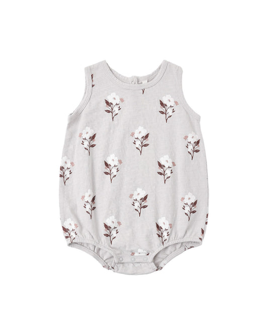 Rylee + Cru Bubble Onesie in Wildflower on fog, product photo of the sleeveless baby onesie