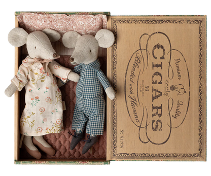 Grandma and grandpa mice in cigarbox (Available Early March)