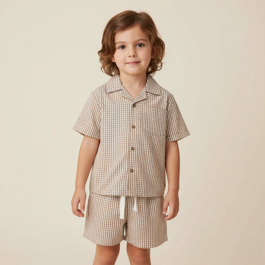 Organic Shirt & Shorts Set - Caramel Check