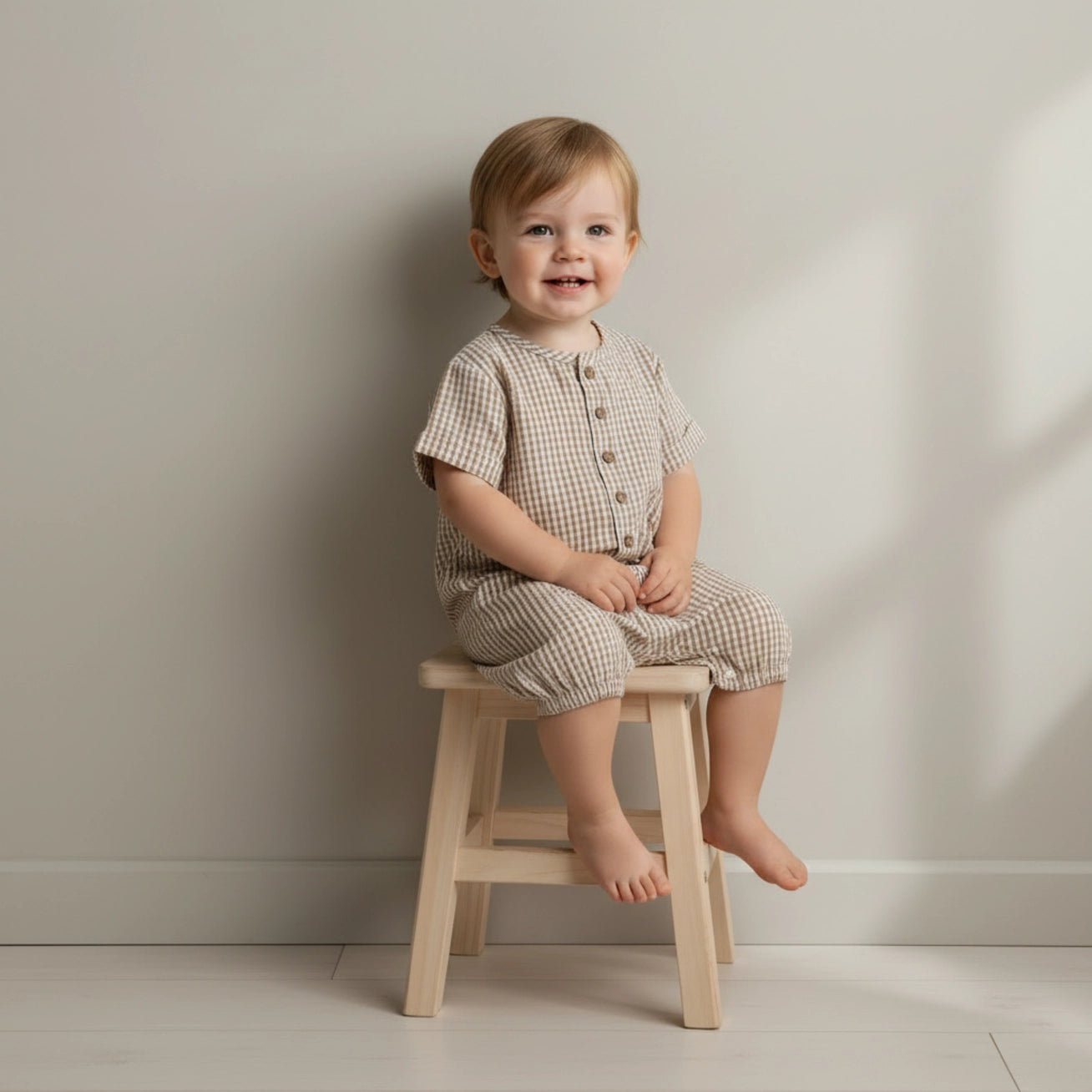 Organic Short Bubble Romper - Caramel Check