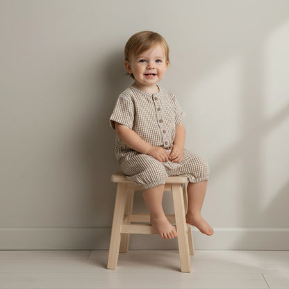 Organic Short Bubble Romper - Caramel Check