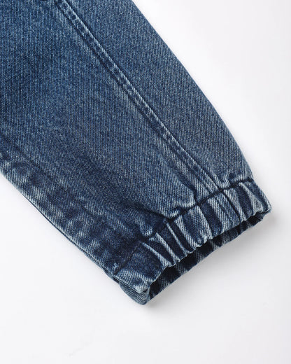Rylee + Cru Cargo Baby Overall in indigo denim, closer view of the cotton denim baby overalls