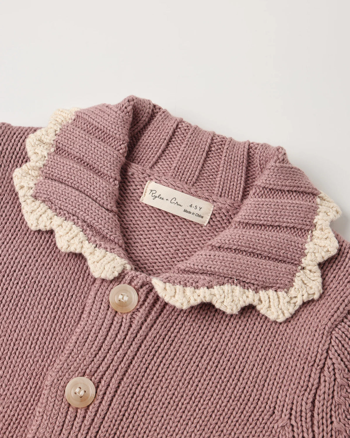 Rylee + Cru Collared Cardigan in rosewood, product view of the girls' collared cardigan
