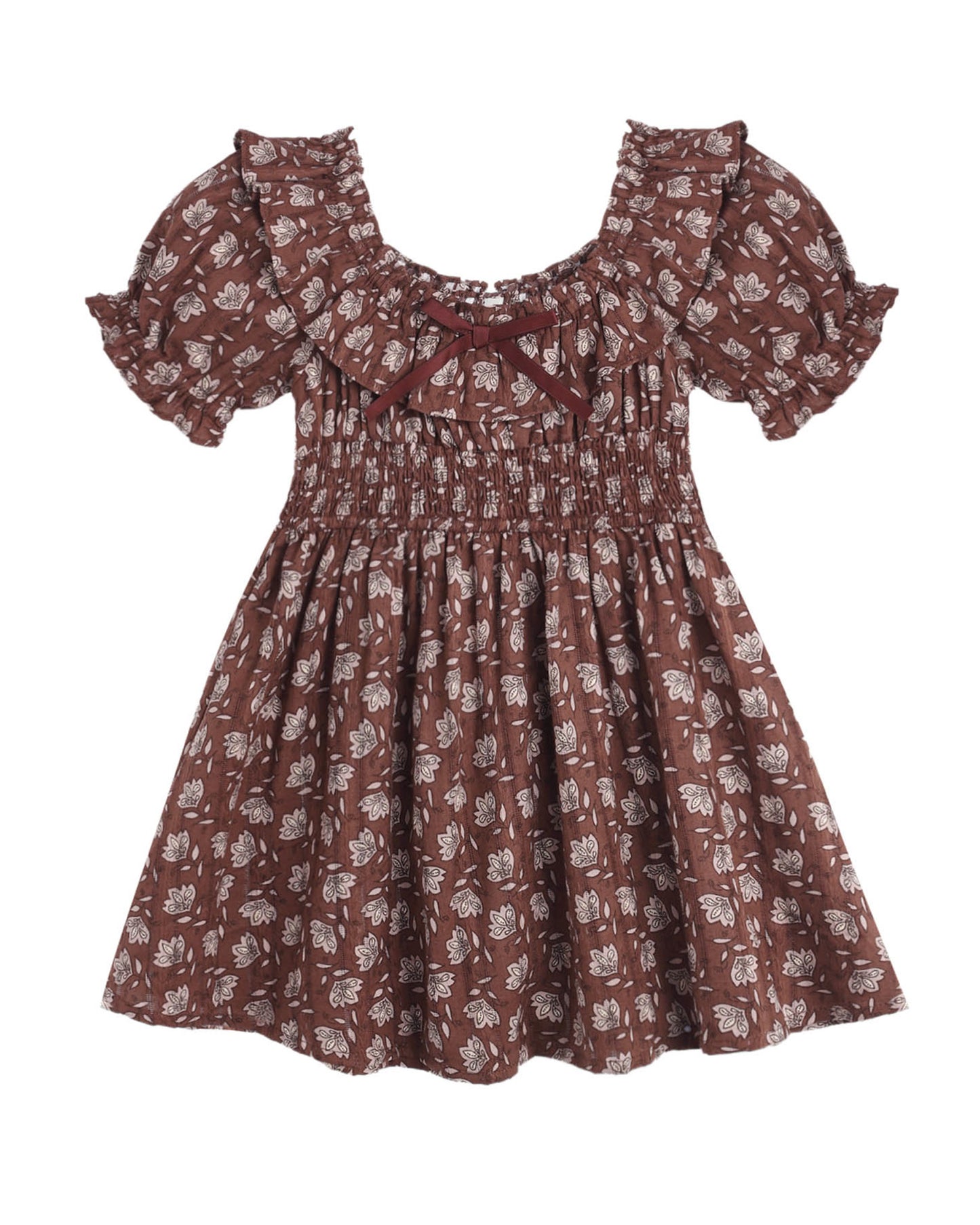 Brown floral dress with ruffled sleeves on a white background