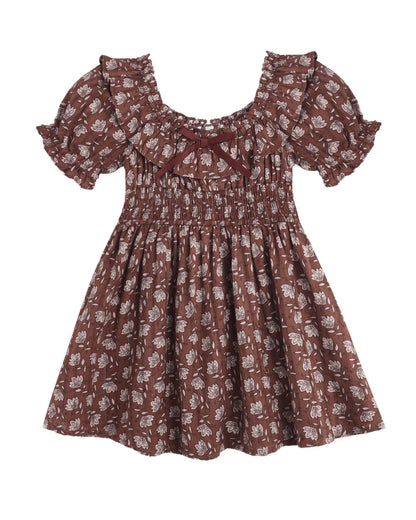 Brown floral dress with ruffled sleeves on a white background