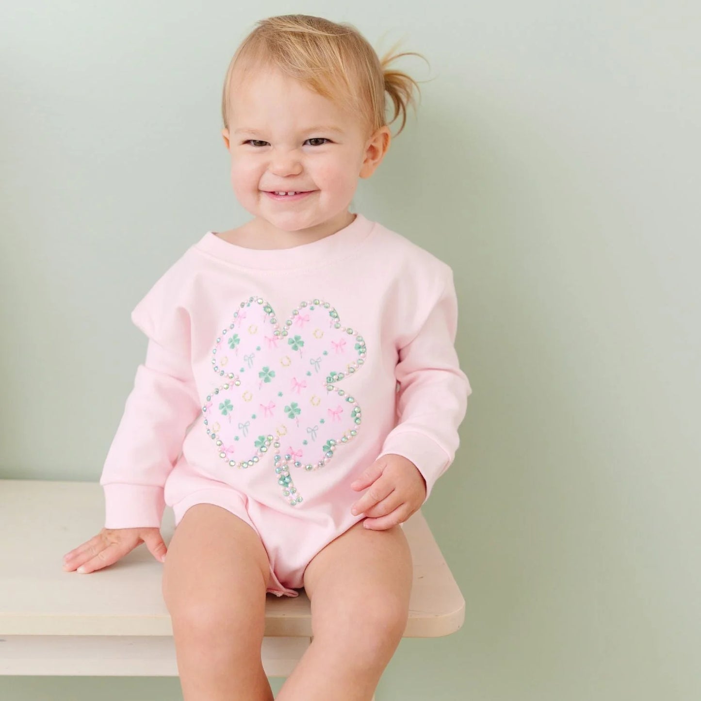 Ditsy Shamrock Patch St. Patrick's Day Long Sleeve Romper