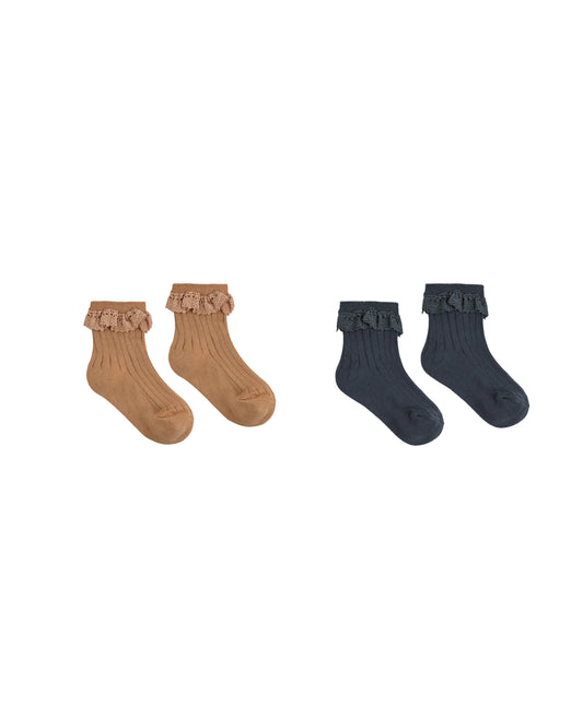 Rylee + Cru Lace Trim Socks 2-pack in fawn and midnight, ribbed kids' socks with lace trim