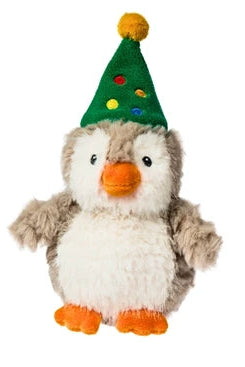 Gray plush penguin toy wearing Christmas hat, on a plain white background. The penguin has a green Christmas tree hat with a yellow pom-pom. 