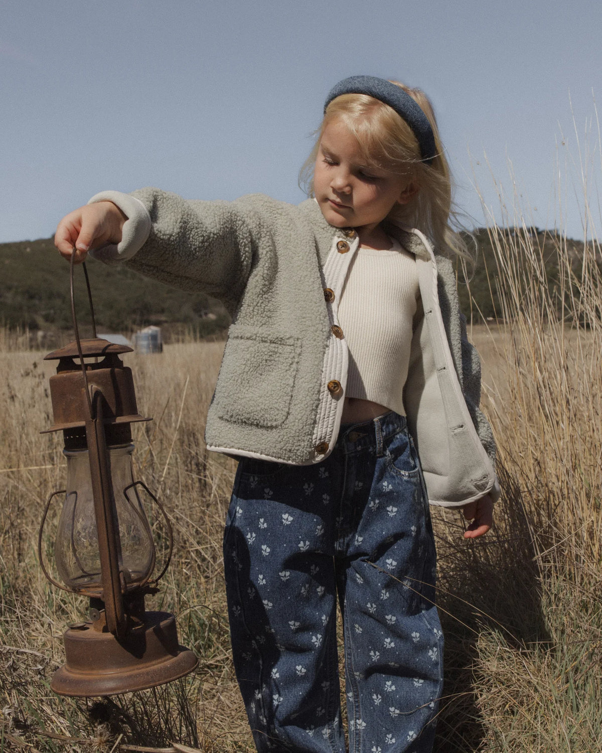 Rylee + Cru Barrel Pant in Heart Ditsy on indigo denim, another view of the girls' barrel-leg pants