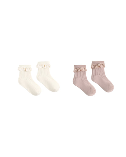 Rosewood + Natural Lace Trim Socks, 2-Pack